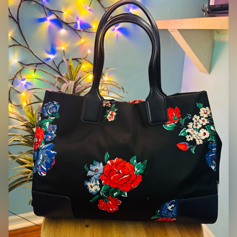 Tory Burch Medium Ella Black Floral Tote Bag - Picture 2 of 8
